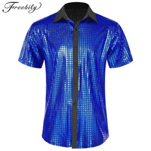 Men's Casual Shirts Mens 70s Disco Metallic Shiny Plaid Print Shirt Short Sleeve Button Down Shirts Nightclub Party Tops Stage Performance Costume 231129