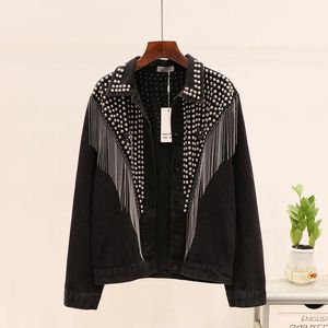 Kvinnorjackor Autumn Streetwear Denim Jacket Kvinnor Handstudded Rivet Tassel Chain Short Jeans Jacket Loose Vintage Casual Black Coats 231130