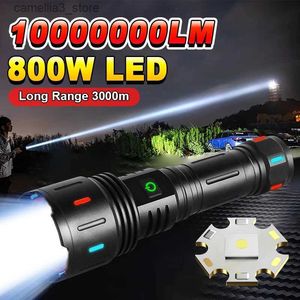 Facklor 1000000LM Mestaste LED -ficklampan laddningsbara 800W LED -ficklampor Hög effekt Zoomfackla lång räckvidd 3000m Taktisk Lantren Q231130