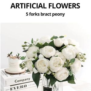 Wazony 30 cm róża białe piwonia sztuczne kwiaty bukiet 5 Wielka głowa i 4 pąki fałszywe na domowe dekorację ślubną 231130