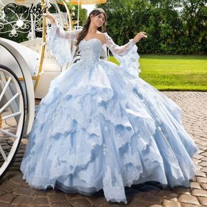 Luz azul querida apliques rendas babados vestido de baile fora do ombro vestidos quinceanera miçangas tull espartilho vestidos de 15 anos