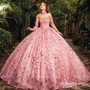 Rosa glänsande älskling vestido de 15 anos off axel quinceanera klänningar spetspärlor söt 16 bollklänning grils brithday fest klänning