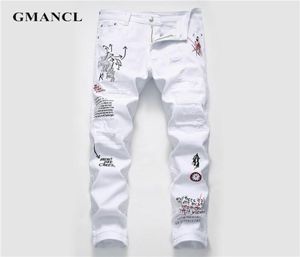 Новая мужская уличная одежда, белые узкие джинсы с рваным принтом в стиле хип-хоп, панк, повседневные мотоциклетные эластичные джинсовые брюки CX2008902135