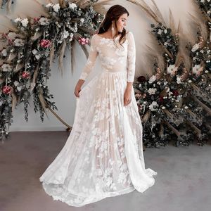 Applique Long Sleeve Wedding Dresses For Women 2023 Bride Mordern Tulle Stylish Chapel Sweep Train Backless Jewel Trendy