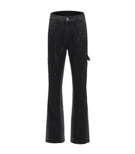 MEN039S Jeans Kentsel Sokak Giyim Parlama Pantolonları Siyah Geniş Bacak Hip Hop Sıçrulu Mürekkep Pantolonları Erkekler Patchwork İnce Fit Denim Menmen6535427