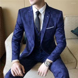 Erkek Suitler Erkekler Ekose Günlük Butik Düğün Damat Takım Formal İş Üç Parçalı Set Moda Giyim