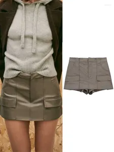 Frauen Shorts Mini Lesure Stil PU Röcke Für Frauen Herbst Feste Hohe Taille Zipper Chic Flip Taschen Dekoration