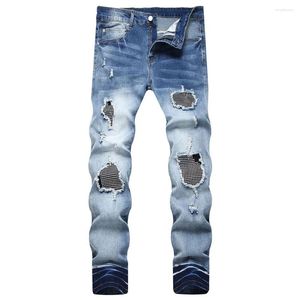 Herr jeans män kristall stretch denim streetwear hål rippade lapptäcke lappar byxor blå smal avsmalnande byxor
