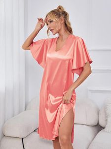 Mulheres sleepwear seda cetim mulheres camisola lado split sexy v pescoço homewear verão manga curta nightwear vestido pijama roupa interior pano