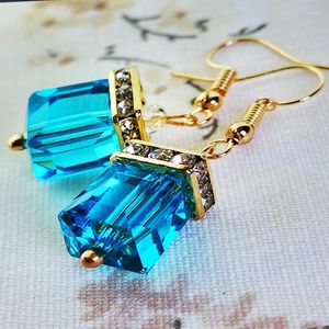 Dangle Earrings Bling Colour Crystal Cube Shape Long Earring Bridal Gold Color Drop For Women Fashion Wedding Jewelry Accessories Gifts