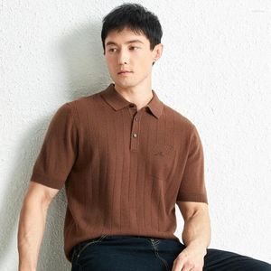 Suéter masculino slim fit cashmere lapela suéter casual misturado moda café marrom clássico manga curta pulôver de malha