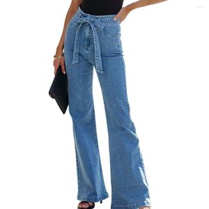 Jeans da donna a vita media skinny con cintura allacciata bowknot tasche multiple pantaloni in denim elasticizzato pantaloni a zampa di moda donna streetwear