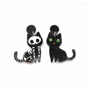Асимметричные акриловые серьги-гвоздики с милыми животными, блестящие черные кошки и скелеты, модные ювелирные изделия, серьги-гвоздики Kirs22274W