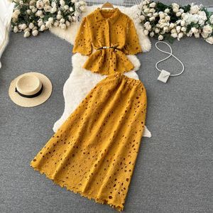 Work Dresses Summer Celebrity Suits Women's Ruffled Lapel Short Sleeve Cropped Shirt Tops Hollow Out Lace Pleated Skirt Two-piece Sets