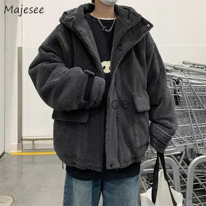 Herrjackor korta parkas män huva rockar enkla rent grå lös vintage ny trendig ins fritidsgata zip up chic all-match vinterkläder J231130