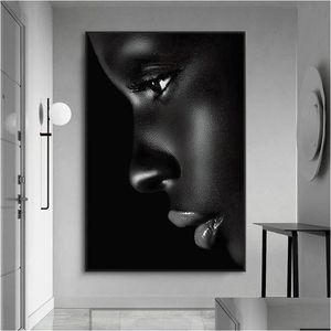 Dipinti Profilo nero Labbro Donna Tela Pittura HD Stampa Figura Poster e stampe Immagine moderna di arte della parete per soggiorno camera da letto Dhmqz