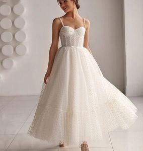 Novo vestido de casamento curto 2024 uma linha querida cintas de espaguete dot tule vestido de noiva rendas até volta tornozelo comprimento feito sob encomenda vestidos de noiva