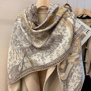 Scarves Handmade 135cm Plus Women Scarf Large Shawl Wraps Warm Silk Wool Neckerchief Square Foulard Female Hijab Bandana