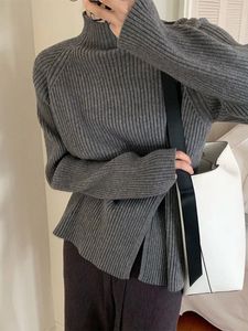 Kadın Sweaters Chic Belktleneck Kadın Kazak Yan Yarık Tek Buckle Moda Kadın Örme Krover Sonbahar Sokağı Gevşek Lady Triko 231130