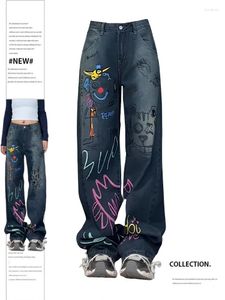 Calças de brim femininas baggy impressão gráfica vintage coreano oversize calças de cowboy harajuku calças jeans largas 90s y2k 2000s roupas trashy