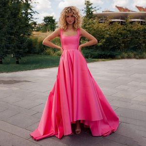 Party Dresses 2023 Pink Romantic A Line Evening Square Neck PROM Dress High Low Satin Saudi Arabia Straps