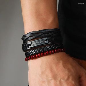 Armreif 4 Teile/satz Leder Armbänder Männer Armreifen Für Frauen Holz Perlen Legierung Kreuz Einstellbar Mode Armband Charme Homme Geschenk Schmuck