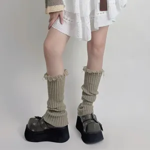 Женские носки с оборками в рубчик в стиле Лолиты, вязаные теплые чехлы для ног, осенние женские сапоги до колена, вязаные крючком, манжеты