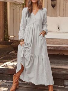 Casual Dresses Solid Color Cotton Linen V Neck Long Sleeve Kaftan Women Maxi Dress Pockets Buttons Party Vestidos Bohemian