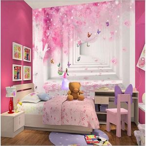 Bakgrunder Väggpapper 3 D Custom Po Pink Cherry Butterfly Children's Room Home Decor 3D Väggmålningar Bakgrund för sovrumsväggar268z