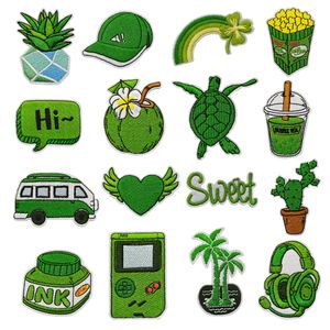 Green Iron on Patches Headset Plant Embroidered Sew on Appliques for Clothing Jacket Pants Jeans Sewing Flower Badge DIY Accessory