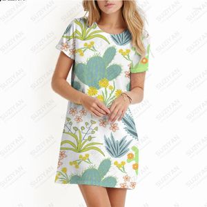 Freizeitkleider 2023 Damen Einfache Blume 3D-Druck Sommer Lose Strandkleid Nettes Temperament Kurzarm A-Linie Grüne Serie