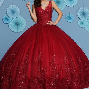 فساتين Quinceanera اللامعة الحمراء V-رقص الكرة Sweet 16 فستان الديكور الديكور من الدانتر