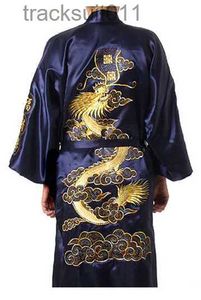 Męskie szaty granatowe tradycyjne chińsko -chińskie satynowe jedwabną szatę smok smok Kimono Bath Suknia nocna S M L XL XXL XXXL MR024 L231130