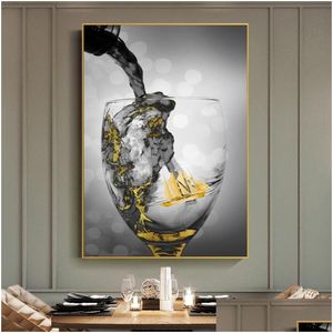 絵画ワイングラスカップポスターゴールデンキャンバスペインティング抽象ボートクアドロスウォールアート写真リビングルームモダンホームデコアなしDHQ1V