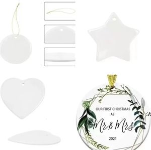 Entrega rápida de sublimação de 3 polegadas em branco Chirstmas brancos engajados ornamentos de ornamento redondo coração círculo de estrela de estrela Cerâmica Cerâmica Decoração de árvore Hangtag