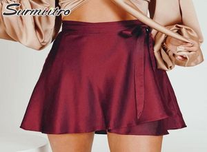 Röcke SURMIITRO 2021 Satin Sommer Mini Wrap Rock Frauen Koreanische Stil Rot Rosa Schwarz Spitze Up Hohe Taille Weibliche3232612