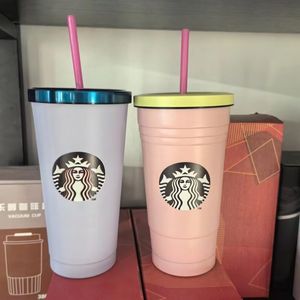 Designer-Strohbecher, doppelschichtig, dreizeilig, Edelstahl-Isolierbecher, tragbare Kaffeetasse, rosa Vogel-Kaffeetasse, niedlicher Studenten-Wasserbecher