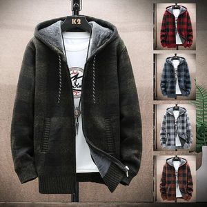 Mens Hoodies Sweatshirts Autumn and Winter Plaid Sweater Hooded Cardigan Coat Wool Zipper Jacket Fleece Male Warm Clothes Checkered Knit Jumper 231129