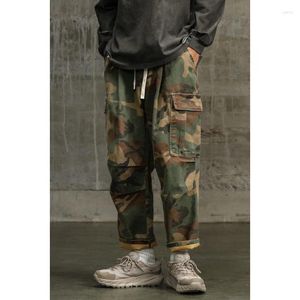 Calças masculinas outono na moda marca hong kong estilo camuflagem solta reta multi-saco grosso harlan casual