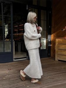 Two Piece Dress Women Elegant Solid Mohair Skirt Sets Autumn Knit O Neck Pullover Sweater 2 Piece Female Loose Long Skirts Fashion Party Suits 231130