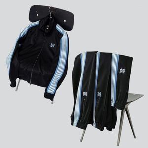 Мужские брюки 23ss Needles AWGE Куртки Синие полоски с вышивкой бабочки Черные спортивные штаны Спортивный костюм для мужчин и женщин