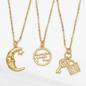 Pendant Necklaces Fashion Lover's Key&lock Necklace Gold Plated Couple Jewelry Polished Round Disc FE Friendship Gifts Nkea091