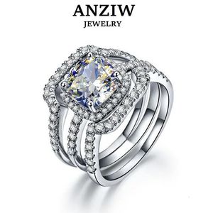 Pierścionki ślubne ANZIW 3 karatowe poduszka CUT Diamond Luksusowy zestaw ślubny 925 Solidny srebrny zespół zaręczynowy Prezenty 231130