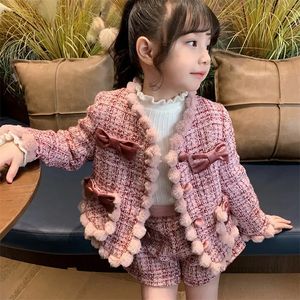 Lady style children Bows applique woolen clothes sets kids plush pompons round collar outwear shorts 2pcs winter girls thicken warm outfits Z5670