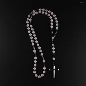 Pendant Necklaces Natural Stone Pink Crystal Round Beads Y Necklace With Hematite Cross Handmade Jewelry For Men And Women N015