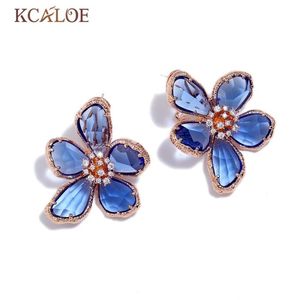 Kcaloe Blue Transparent Crystal Big Flowers Stud örhängen för kvinnor Rhinestone Bröllopsengagemang Silver Färg Luxury örhänge 20092851