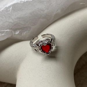 Cluster Rings Kpop Trend Punk Goth Red Crystal Heart Open Metal Ring For Men Women Party Halloween Street Y2K 90s Emo Jewelry Accessories