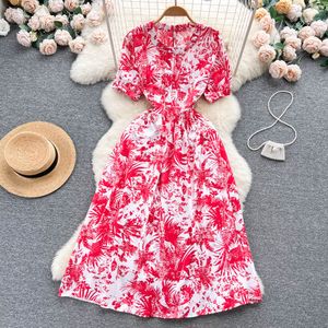 Casual Dresses 2023 Flower Print A-Line Dress Women's Summer New Fashion Round Neck Short Sleeve French Closed Clothes Vestidos