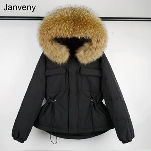 Piumino da donna Grande vera pelliccia di procione con cappuccio Piumino invernale 90% Piumino d'anatra Donna Corto femminile Piumino Piuma Parka impermeabile 231129