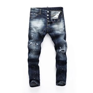 DSQ Slim Blue Men's Jeans Cool Guy Dżinsy Klasyczne Hip Hop Rock Moto Casual Design Raped Distered Denim Biker Hole DSQ2 Dżinsy 402